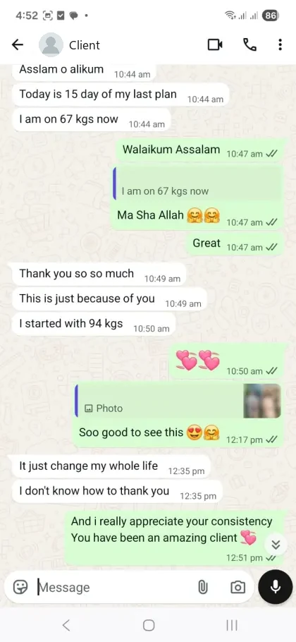 A client’s WhatsApp conversation with Nida