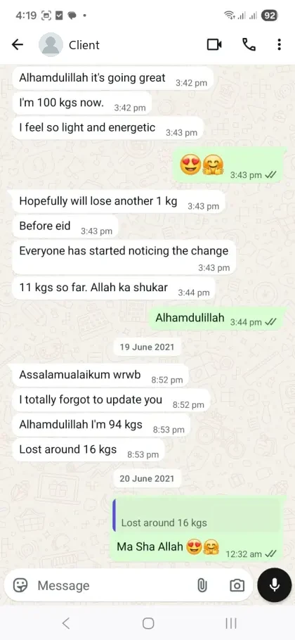 A client’s WhatsApp conversation with Nida