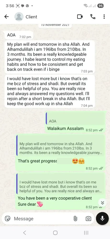 A client’s WhatsApp conversation with Nida