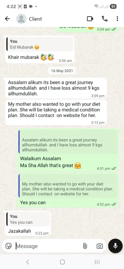 A client’s WhatsApp conversation with Nida
