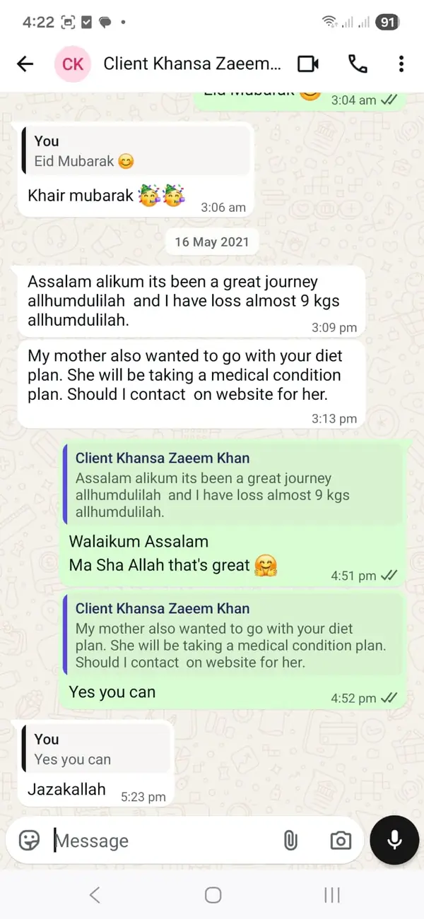WhatsApp message from Khansa Zaeem