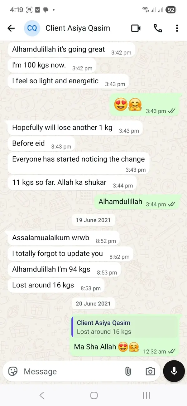 WhatsApp message from Asiya Qasim
