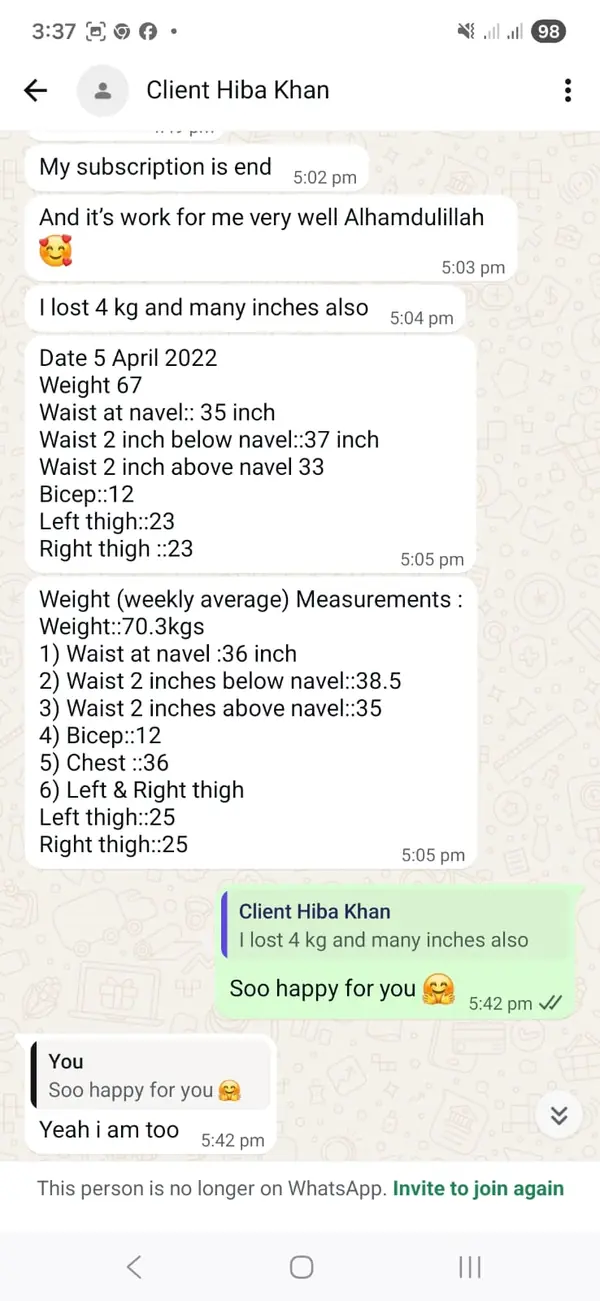 WhatsApp message from Hiba Khan